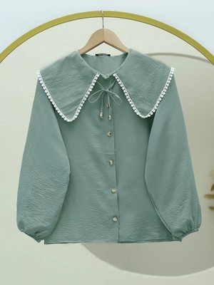 Moda Morfo Bebe Yaka Dantelli Kolu Lastikli Gömlek -Mint