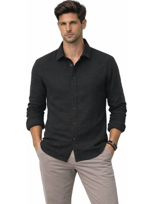 Afri Siyah Erkek Yarım Oversize Keten Gömlek – Rahat Kesim, Yazlık Nefes Alan Kumaş