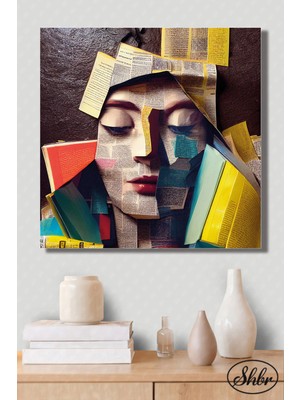 Şehber Tekli Kare Kanvas Duvar Tablosu Salon Yatak Odası Kafe Mutfak Ofis Gazete Kolaj Kadın Portre