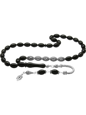 Tesbihane 925 Ayar Gümüş Püsküllü Arpa Kesim Gümüş Isim Yazılı Siyah Sıkma Kehribar Tesbih