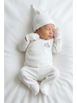 Bebeqon 5 Parça %100 Pamuk Bebek Hastane Çıkış Seti Kruvaze Üst Alt Eldiven Şapka Ve Önlük Takımı Beyaz