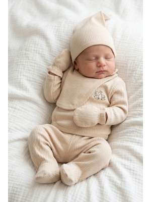 Bebeqon 5 Parça Hastane Çıkış Seti Kruvaze Üst Alt Eldiven Şapka Ve Önlük Takımı Organik %100 Pamuk Bej