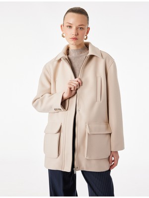 Koton Uzun Kollu Cepli Fermuarlı Dik Huni Yaka Oversize Kaşe Kaban