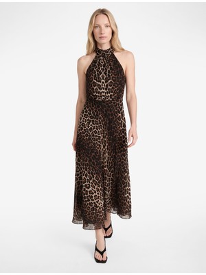 Koton Halter Yaka Pileli Kolsuz Volanlı Midi Leopar Elbise