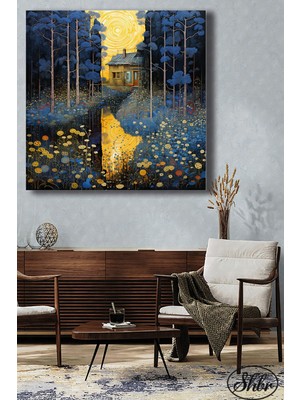 Şehber Tekli Kare Kanvas Duvar Tablosu Salon Yatak Odası Mutfak Kafe Ofis Dolunay Çiçekler Illüstrasyon