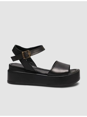 Cabani Hakiki Deri Kadın Platform Sandalet Siyah