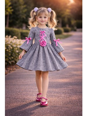 Zepkids Kız Çocuk Pötikare Elbise Pembe Kurdele Detaylı Şık Günlük Çocuk Elbisesi