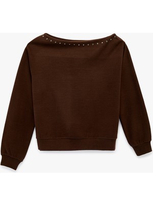 Koton Uzun Kollu Zımba Detaylı Asimetrik Kesim Omzu Açık Sweatshirt