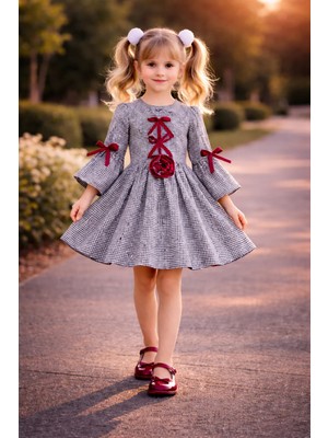 Zepkids Kız Çocuk Pötikare Elbise Bordo Kurdele Detaylı Şık Günlük Çocuk Elbisesi