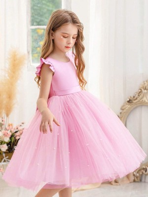 NSM Life Kız Çocuk Incili Fırfır Kol Elbise Mezuniyet Doğum Günü Özel Gün Abiye Elbise