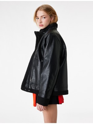 Koton Peluş Astarlı Dik Yaka Çıtçıt Düğmeli Fermuarlı Suni Deri Ceket