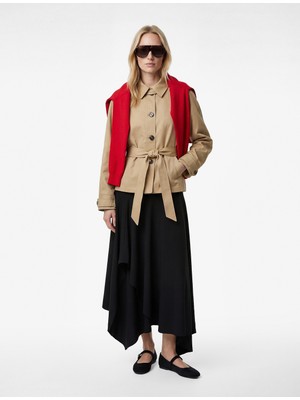 Koton Uzun Kollu Düğmeli Cepli Kemerli Kısa Gabardin Trençkot