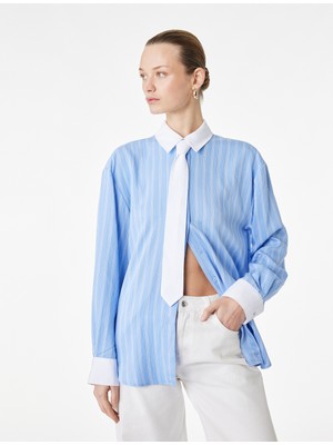 Koton Viskon Kumaş Uzun Kollu Kuşak Detaylı Çizgili Gömlek