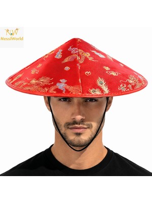 NW NessiWorld Kırmızı Saten Çin Desenli Dragon Işlemeli Şapka – Lastikli
