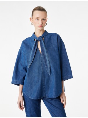 Koton 3/4 Kollu Kendinden Fularlı V Yaka Denim Bluz
