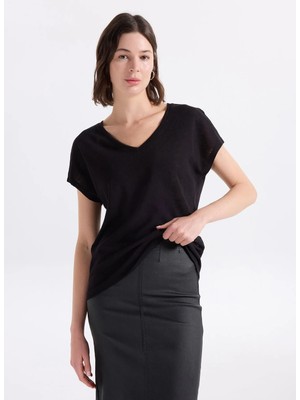 Fabrika V Yaka Düz Siyah Kadın T-Shirt F6SL-TST0356