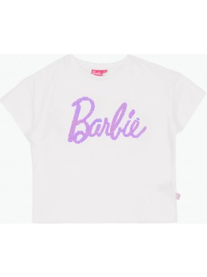 Barbie Payetli Beyaz - Lila Kız Çocuk T-Shirt BRB6SG-TST6020