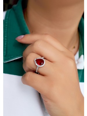 Silveranka 925 Ayar Gümüş Yakut Kırmızısı Su Damlası Yüzük