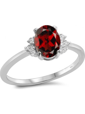 Silveranka 925 Ayar Gümüş Oval Kırmızı Taşlı Trend Yüzük