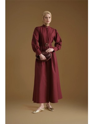 Armine Gold Düğmeli Kemerli Poplin Elbise Bordo