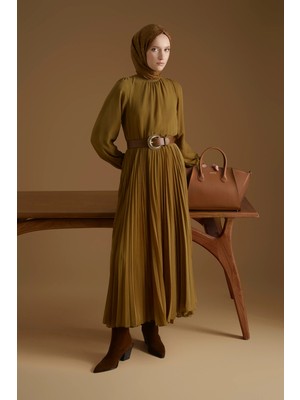 Armine Piliseli Şifon Elbise Yağ Yeşili