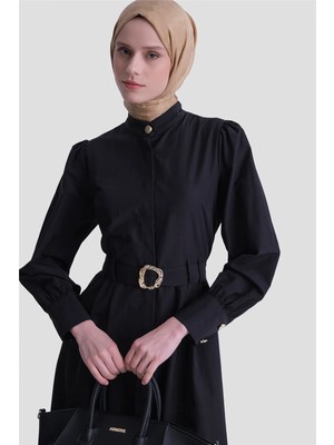 Armine Gold Düğmeli Kemerli Poplin Elbise Siyah