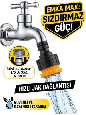 Emka Musluk ve Hortum Bağlantı Adaptörü 1/2 - 3/4 Uyumlu - Bahçe Hortum Bağlantı Aparatı Jaklı