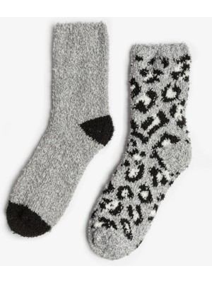 Bolero Kadın 2'li Kışlık Ev Çorabı Leopar Desenli