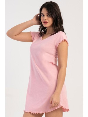 Cotonhause Kadın V Yaka Kısa Kol Pamuklu Pembe Gecelik %100 Pamuk C3T0N0O215