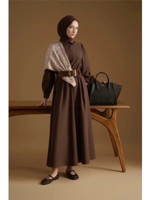 Armine Beli Lastikli Poplin Elbise Kahverengi