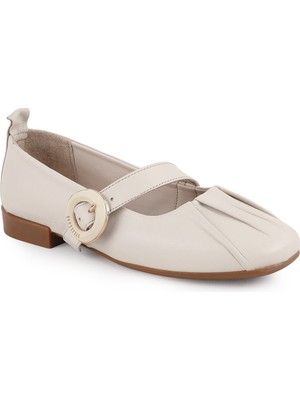 Libero L081.25507 Bej Hakiki Deri Tokalı Büzgülü Termo Taban Kadın Mary Jane Babet Ayakkabı