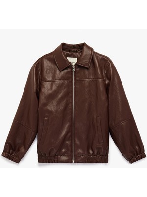 Koton Uzun Kollu Gömlek Yaka Fermuarlı Suni Deri Ceket