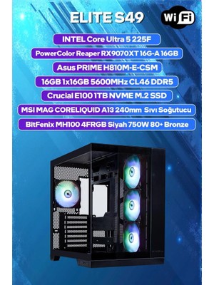 Game Garaj Elite S49 Intel Ultra 5 225F 16GB Ram 1tb SSD RX9070XT 240MM Sıvı Soğt Freedos Oyuncu Oem Paket