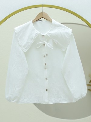 Modamorfo Bebe Yaka Dantelli Kolu Lastikli Gömlek -Beyaz