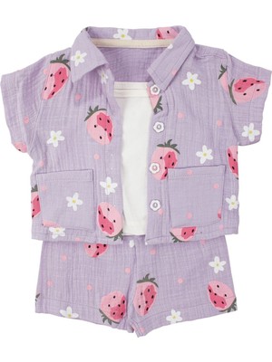 by BebekOdam Kız Bebek Lila Pembe Çilek Desenli Müslin Şortlu 3'lü Takım - 1016783