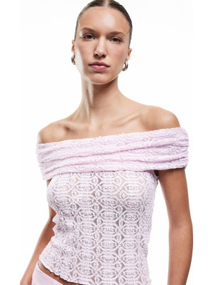 Koton Yarı Transparan Kolsuz Slim Fit Madonna Yaka Dantel Bluz