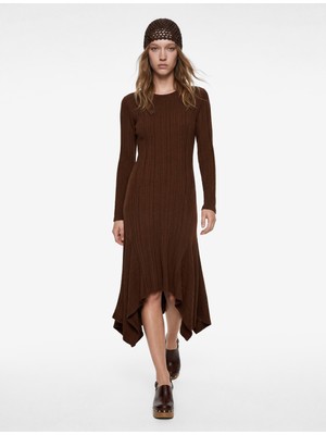 Koton Rahat Kalıp Uzun Kollu Bisiklet Yaka Asimetrik Kesim Uzun Elbise