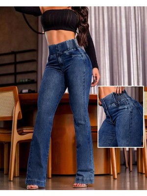 MiraLive Miray- Kadın Yüksek Bel Yanları Lastik Önü Düğmeli Kot Pantolon