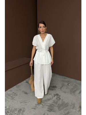 Miracotton Keten V Yaka Belden Bağlamalı Bluz-Pantolon Takım - Beyaz