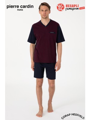 Pierre Cardin Paris Premium Erkek V Yaka Jakarlı %100 Pamuklu Kısa Kollu Şortlu Kutulu 3'lü Pijama Takım