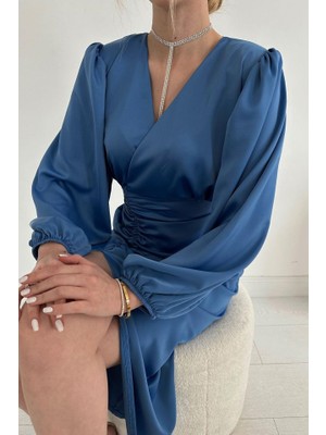 Miracotton Mavi V Yaka Saten Elbise