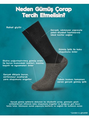 Bolero Unisex Premium Gümüş Diabet Çorap Siyah