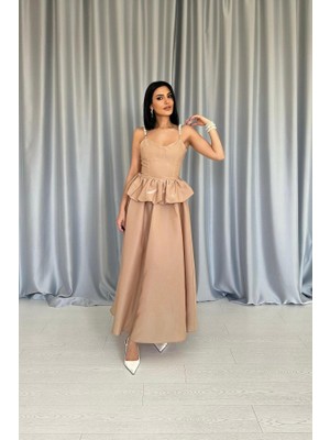 Miracotton Camel Beli Büzgülü Inci Askılı Uzun Elbise