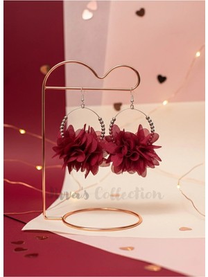 Jivva's Collection Özel Tasarım. Bohem Serisi Koleksyonu. Bordo-Gümüş Tül Çiçekli Halka Küpe