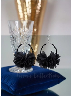Jivva's Collection Özel Tasarım. Benzersiz. Siyah Tül Çiçekli Halka Küpe