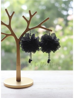 Jivva's Collection Özel Tasarım Siyah Tül Çiçek Sallantılı Küpe