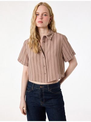 Koton Modal Kumaş Kısa Kollu Çizgili Crop Gömlek