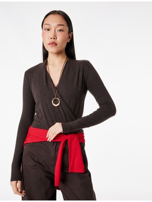 Koton Koyun Yünü Karışımlı Uzun Kollu Slim Fit Kruvaze V Yaka Bodysuit