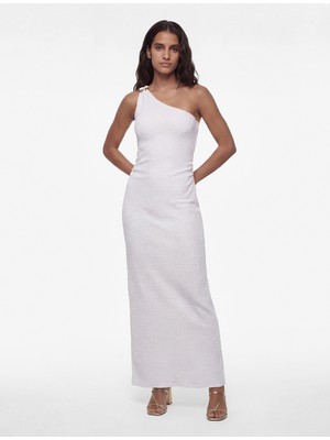 Koton Bürümcük Kumaş Kolsuz Drape Detaylı Tek Omuz Uzun Elbise