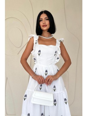 Miracotton Lacivert Sıfır Kol Fırfırlı Elbise